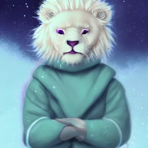 Image similar to aesthetic portrait commission of a albino male furry anthro lion cub popping floating bubbles while wearing a cute mint colored cozy soft pastel winter outfit, winter Atmosphere. Character design by charlie bowater, ross tran, artgerm, and makoto shinkai, detailed, inked, western comic book art, 2021 award winning painting