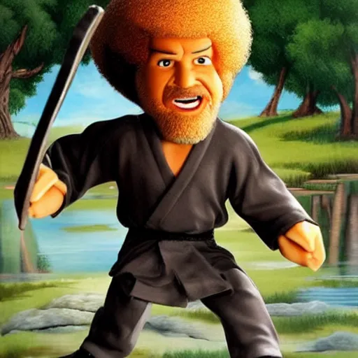 Prompt: bob ross fighting ninjas and screaming