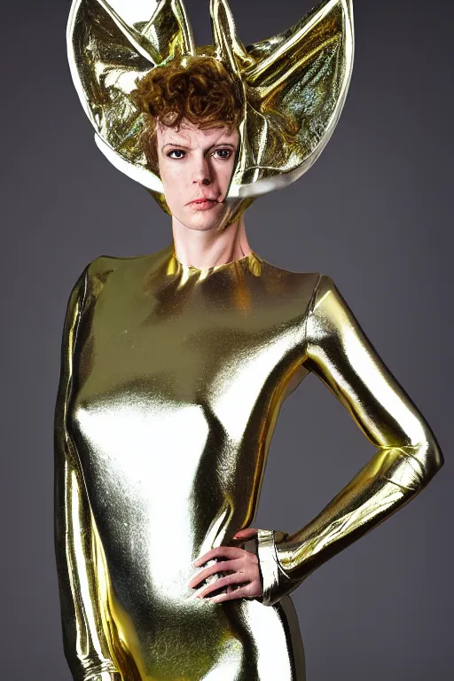 Prompt: portrait davis taylor brown dressed in 1 9 8 1 space fantasy fashion, avante garde, shiny metal