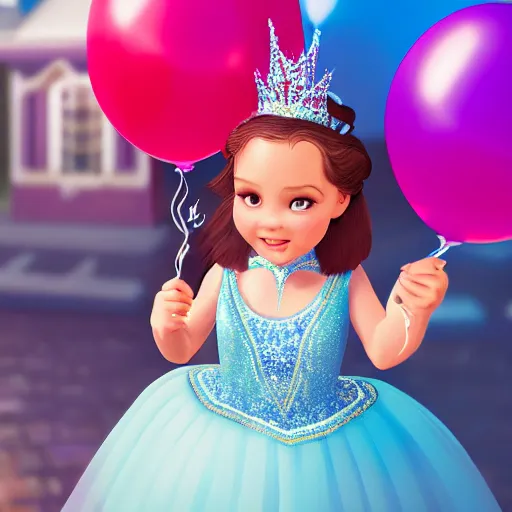 Prompt: a closeup photorealistic photograph of disney princess sophia at her birthday holding balloons and eating cake. brightly lit scene. this 4 k hd image is trending on artstation, featured on behance, well - rendered, extra crisp, features intricate detail, epic composition and the style of unreal engine.