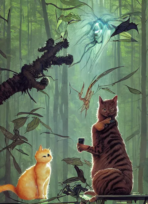 Image similar to a hyper realistic ink cat alien technology and sunbeams blue sky, lush forest foliage painting by chiara bautista and norman rockwell and greg rutkowski weta studio, and lucasfilm