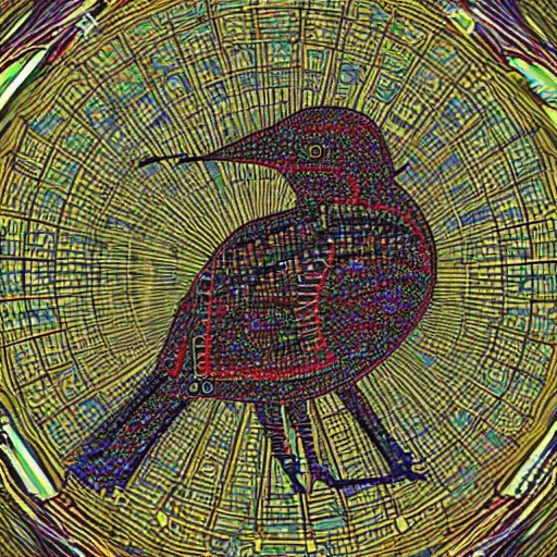 Prompt: a mechanical bird wren in the matrix contemplating the data science wired mandala, illustration by moebius and yoji shinkawa