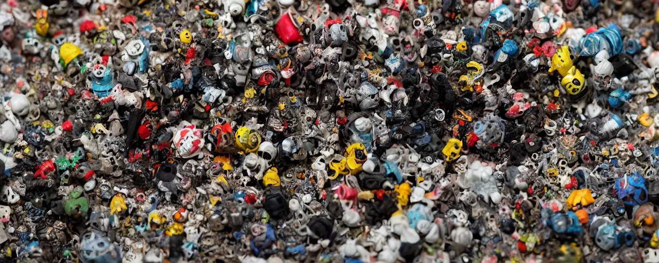 Prompt: a piece of plastiglomerate made from rubber gloves warhammer figures and face masks, photographic, highly detailed