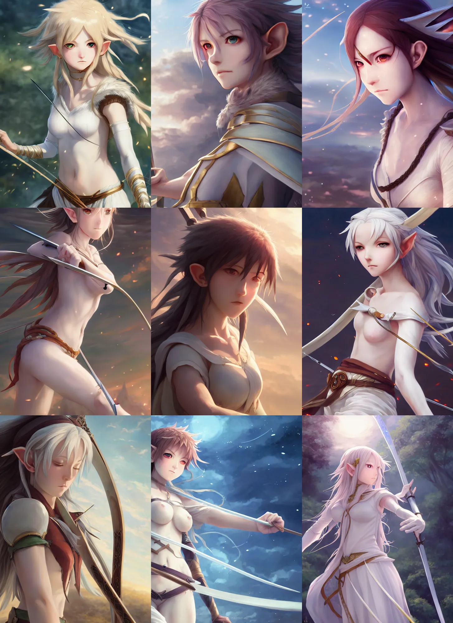 Prompt: renaissance art elf girl with white skin, longbow in hand, hair blowing the wind, trending artistic art, anime, dynamics, fate zero, realistic face, extremely high detailed, bokeh background, studio ghibly makoto shinkai yuji yamaguchi, wlop, genshin