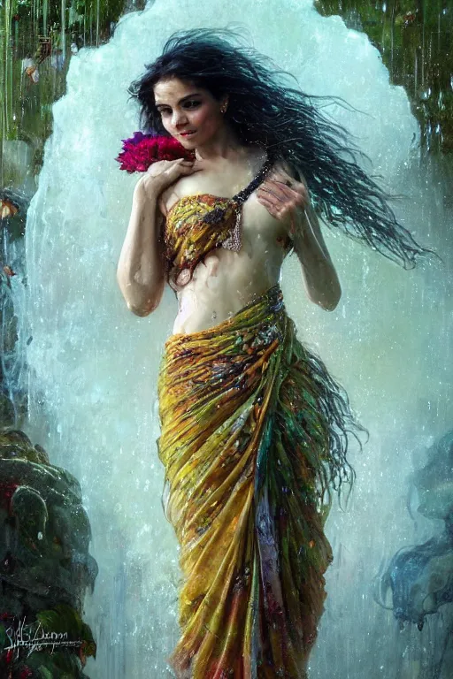 Prompt: portrait of a beautiful woman wearing a sari dress, holding a bouquet of flowing flowers, drenched body, wet dripping hair, emerging from the water, fantasy, regal, fractal crystal, fractal gems, by stanley artgerm lau, greg rutkowski, thomas kindkade, alphonse mucha, loish, norman rockwell