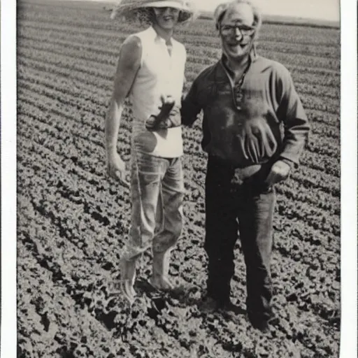 Prompt: a alien standing next to a farmer on a farm next to a corn field polaroid picture