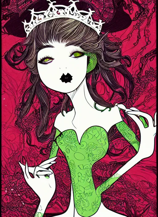Image similar to behold the kermit the frog queen, digital illustration in a mixed style of serhiy krykun and ken taylor and takato yamamoto, inspired by gothic paintings and shoujo manga, surrounded by a torchlit cavern landscape, hyper detailed, stunning inking lines, flat colors, 4 k, hd, award winning, photorealistic