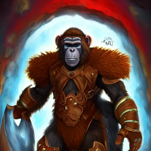 Image similar to fury art, an anthro ape wearing a large cape and a fantasy armor, colorful background, 3 d, 8 k, extremely detailed, trending on furaffinity, trending on artstation, award winning, sharp focus, illustration