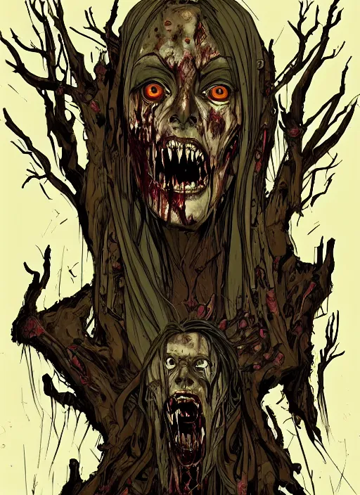 Prompt: in the style of joshua middleton, a decrepit zombie, evil dead demon, evil dead movie, lovecraftian, symmetrical eyes, symmetrical face, branches, cinematic lighting, evil dead creature, scary