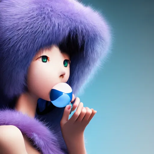 Prompt: ultra-realistic ultra-detailed woman eating a small sun the style of ghibli kazuo oga, blue and purple fur, big ears, toy room, DOF, soft lighting, unreal engine render