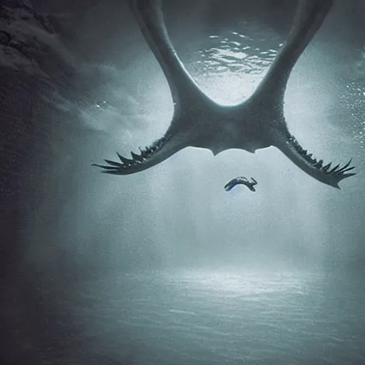 Image similar to sea monster about to eat pov underwater, creeping forward, showing anger, pale skin, dark foggy water, dramatic,'silent hill ', terrifying, non - human, cinematic