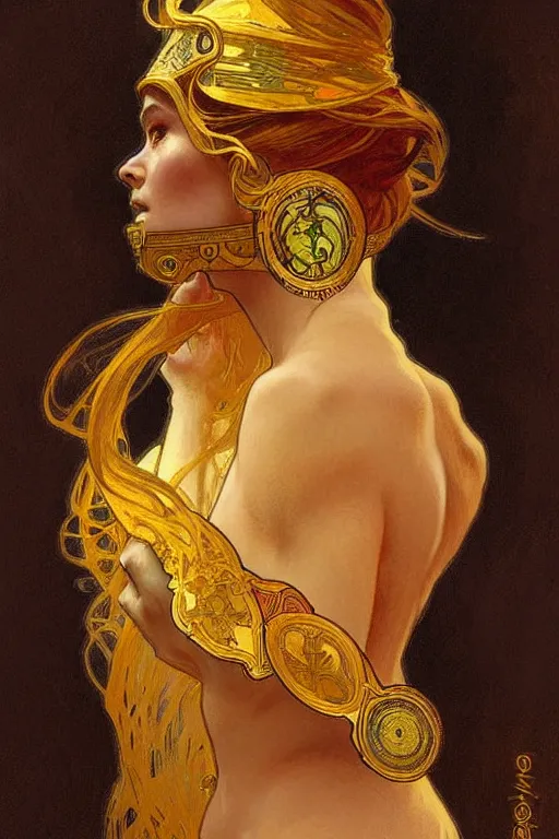 Prompt: A woman wearing golden mask, hair like fire, painting by greg rutkowski and alphonse mucha