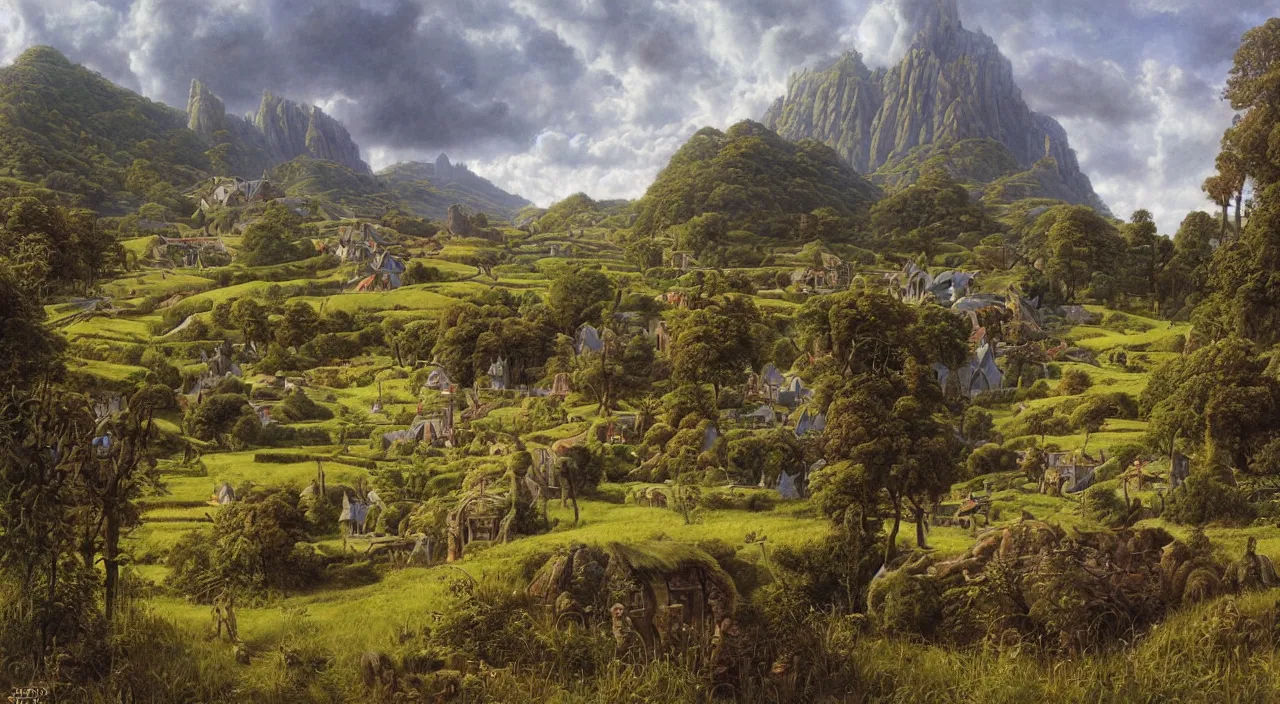 Image similar to a finely detailed painting of The Shire, by Gerald Brom and Ted Nasmith