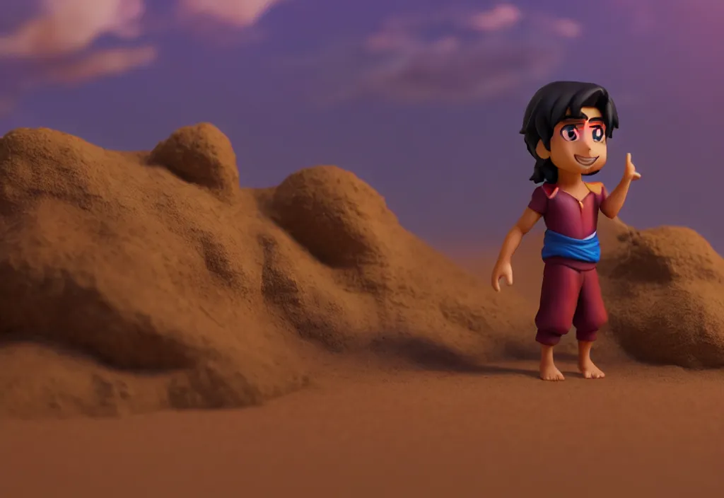 Prompt: side view of young aladdin as nendoroid walking in a desert village, 8 k, hd, dof, kodak film, volumetric lighting, subsurface scattering, photorealistic, octane render