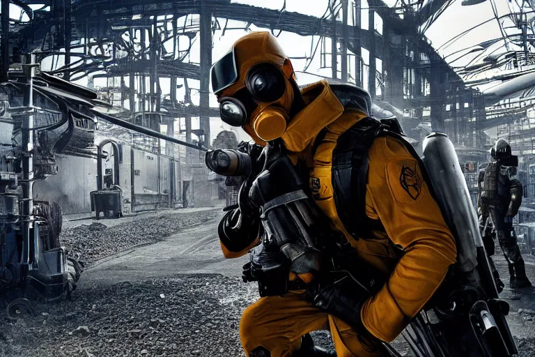 Image similar to vfx movie closeup real life gordon freeman holding wearing futuristic armor, half life logo on chest, crowbar in russian train yard, futuristic white swat team in gas masks approaching by emmanuel lubezki