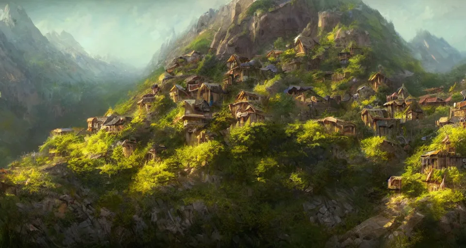 Prompt: natural beauty village on a mountain slope, realistic concept art, eytan zana, one pixel brush, by eugene von guerard, ivan shishkin, lavander and yellow color scheme, dramatic lighting, concept art, trending on artstation