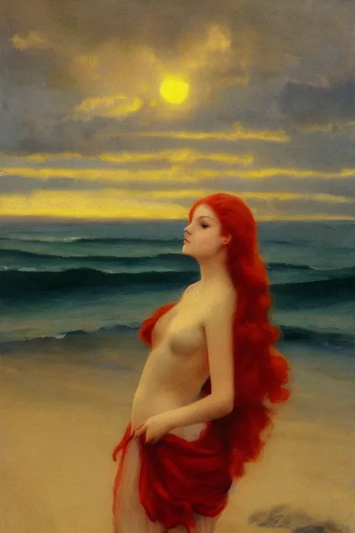 Image similar to a red haired young girl beach surreal, sunrise, dramatic light, vittorio matteo corcos