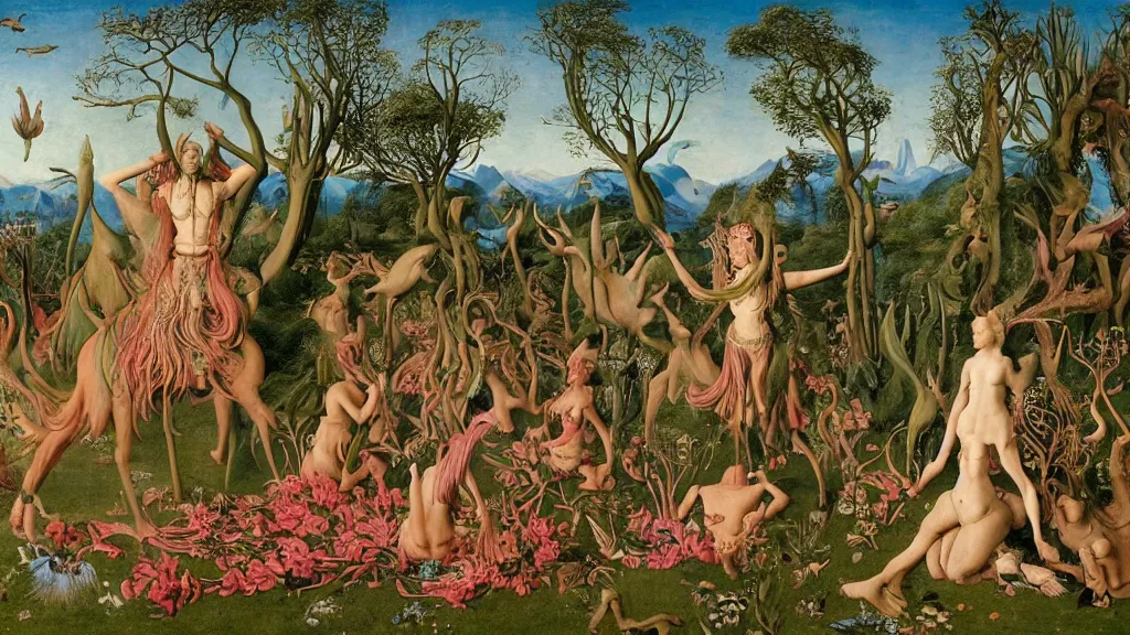 Prompt: a photograph of a meditating centaur shaman and a harpy mermaid mutating into a stampede of beasts. surrounded by bulbous flowers and a few trees. river delta with mountains under a blue sky full of burning stars and birds. painted by jan van eyck, max ernst, ernst haeckel, ernst fuchs and artgerm. trending on artstation