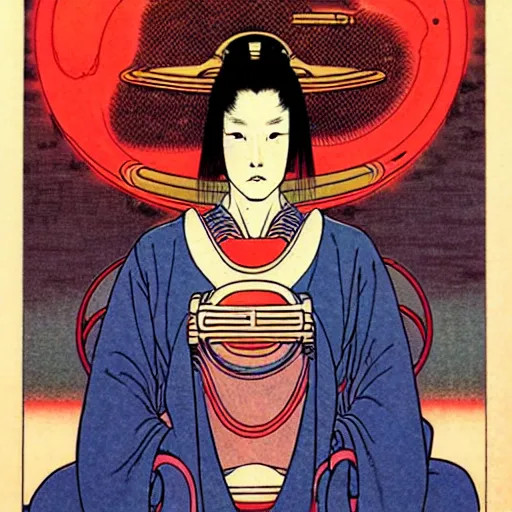 Prompt: a stunning portrait of a sci fi female oracle of flames by moebius hd wallpaper ukiyo - e oil on canvas matte illustration poster character art