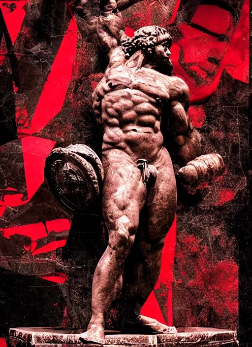 Prompt: design poster showing a statue of hercules, black background with very subtle red and purple design elements, powerful, nekro, vito acconci, graphic design, collage art, subtle thin straight lines, dark, glitch art, neo vaporwave, gritty, layout frame, square, trending on artstation