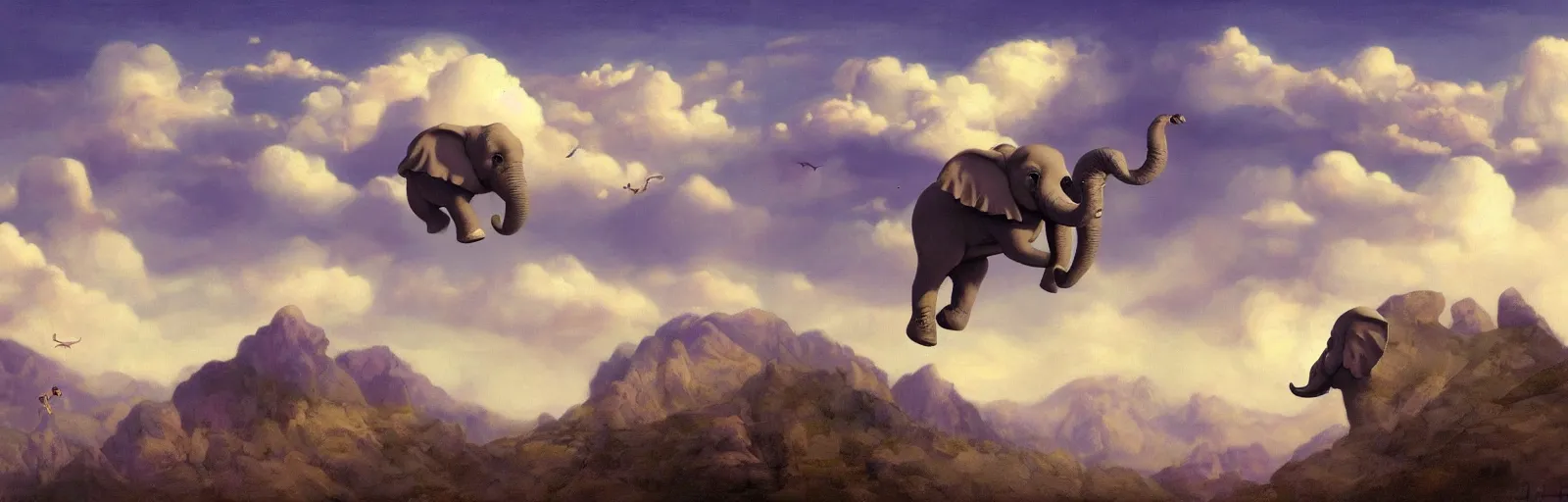 Image similar to A baby purple elephant flying in the clouds, mountains in the background, illustration, detailed, smooth, soft, warm, by Adolf Lachman, Shaun Tan, Surrealism