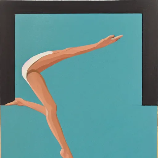 Prompt: acrylic painting on wood of a woman wearing a swimming cap diving from a high diving board into a pool. the pool is out of frame. teal, white, black and grayscale. simple. flat. 1 9 6 2