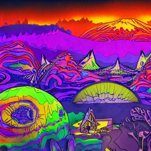 Image similar to crazy psychedelic landscape full of ghosts, utopia