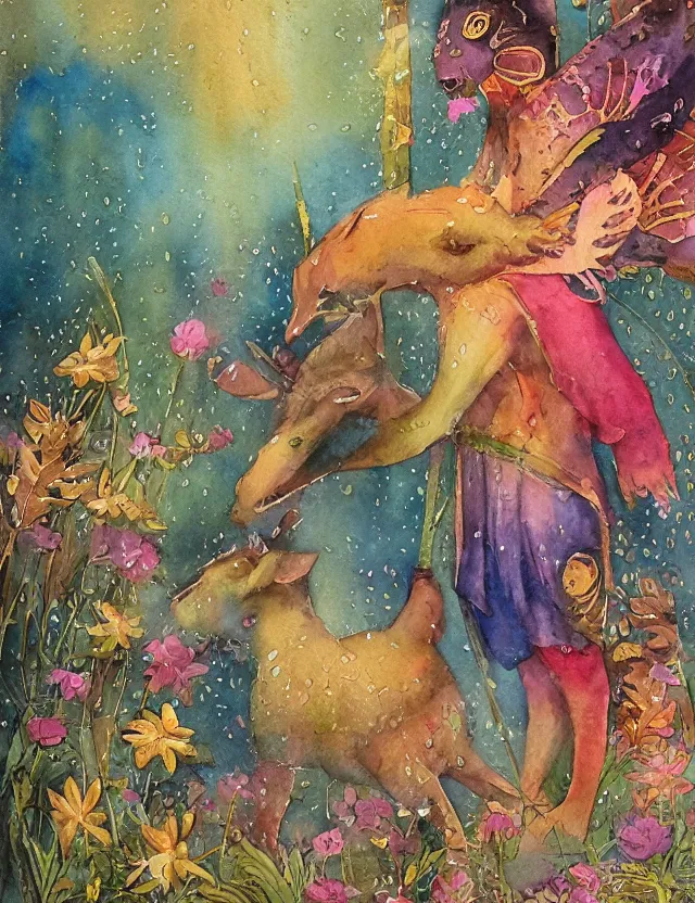 Prompt: animal god of spring rain. this watercolor and goldleaf work by the beloved children's book illustrator has interesting color contrasts, plenty of details and impeccable lighting.