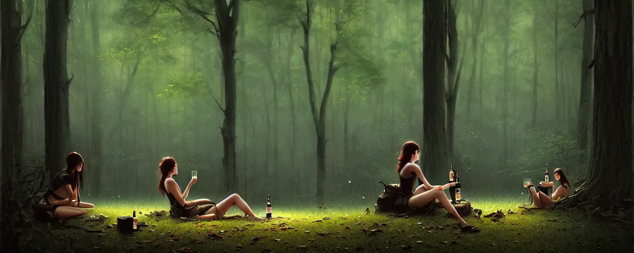 Image similar to girl drink jack daniels in forest, detailed digital art by greg rutkowski.