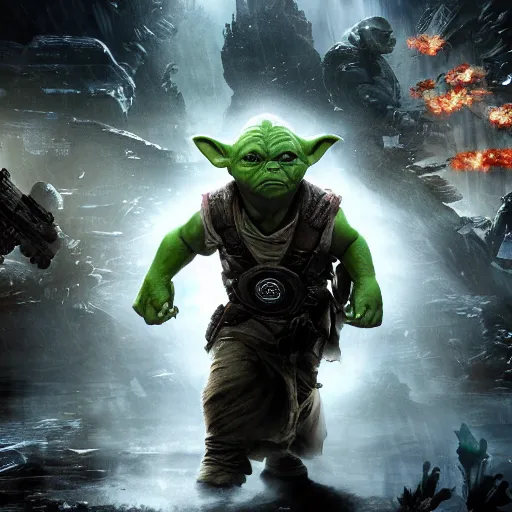 Image similar to yoda as the hulk the hulk in gears of war, splash art, movie still, cinematic lighting, dramatic, octane render, long lens, shallow depth of field, bokeh, anamorphic lens flare, 8 k, hyper detailed, 3 5 mm film grain