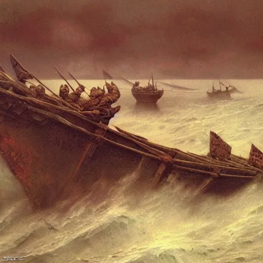 Image similar to an epic battle on the sea between 2 viking boats, raging waves, beksinski