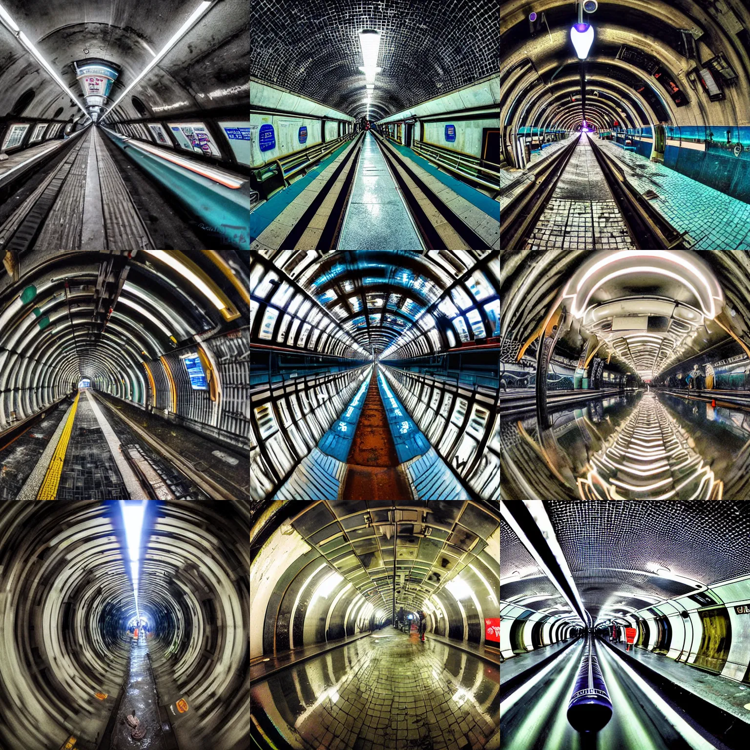 Prompt: a london underground railway tube tunnel with a dolphin swimming in it, cyberpunk art by vlady kibalchich russakov, behance, ecological art, dystopian art, fisheye lens, hall of mirrors