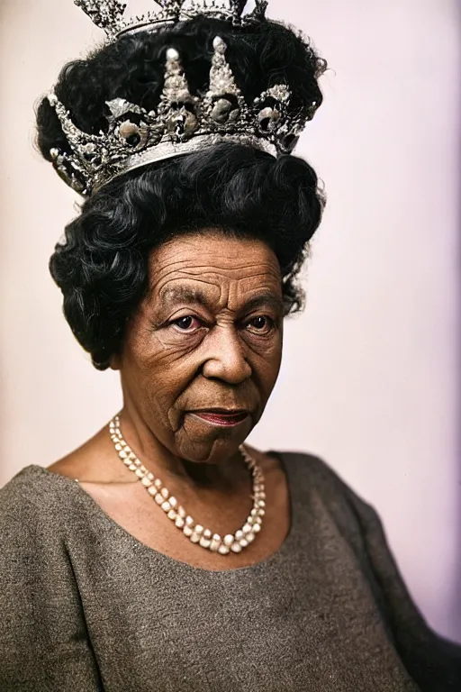 Image similar to a colour photograph of an elderly black lady with grey curly hair, wearing a crown and clothing of Queen Elizabeth the second, 50mm lens, portrait photography, taken by Robert Capa, studio lighting