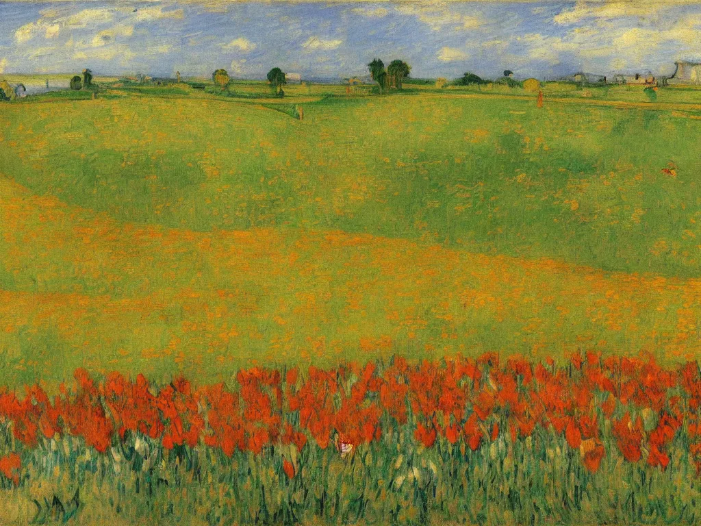 Image similar to an impressionist landscape depicting a field of tulips and rolling hills by ramon casas, edgar degas and van gogh