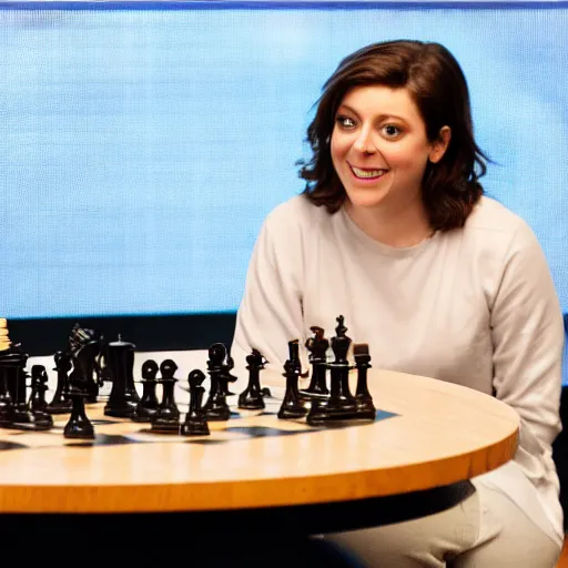Prompt: rachel bloom playing chess against george w. bush