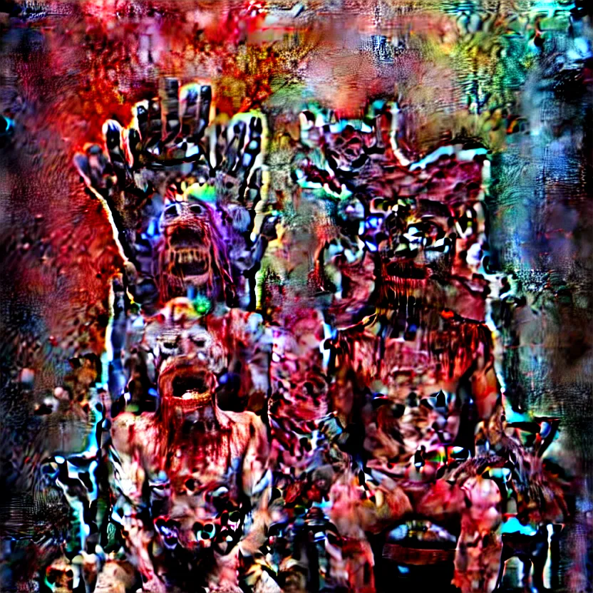 Prompt: a close - up portrait of a beautiful flesh - eating timikawa with rainbow fur eating a screaming man, sitting on chair made of human limbs, the chair is floating in a lake of blood, surrounding the lake are melting trees, photograph by yousouf karsh, hyperrealistic nightmare scene, supernatural, highly detailed, creepy, terrifying