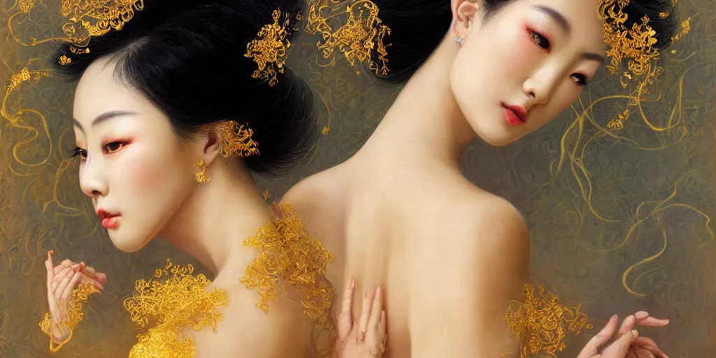 Image similar to asian nymph bald goddess, flowing golden silk twisting with whiten tattoos of cursive sigils on her opalescent skin, fantasy, intricate, very beautiful, elegant, golden light, highly detailed, oil painting by mai xuan thu