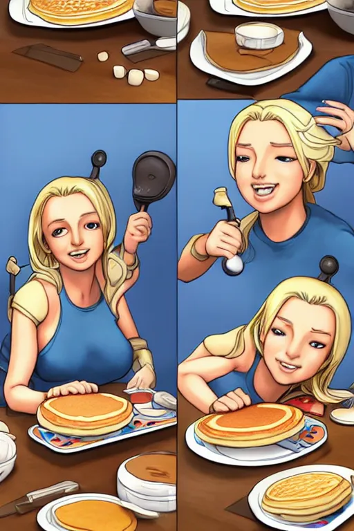 Image similar to britney spears making pancakes, animation pixar style, by pendleton ward, magali villeneuve, artgerm, rob rey and kentaro miura style, golden ratio, trending on art station