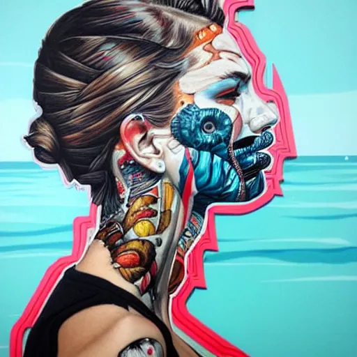 Image similar to side profile of horrors in ocean with intricate details by Sandra Chevrier