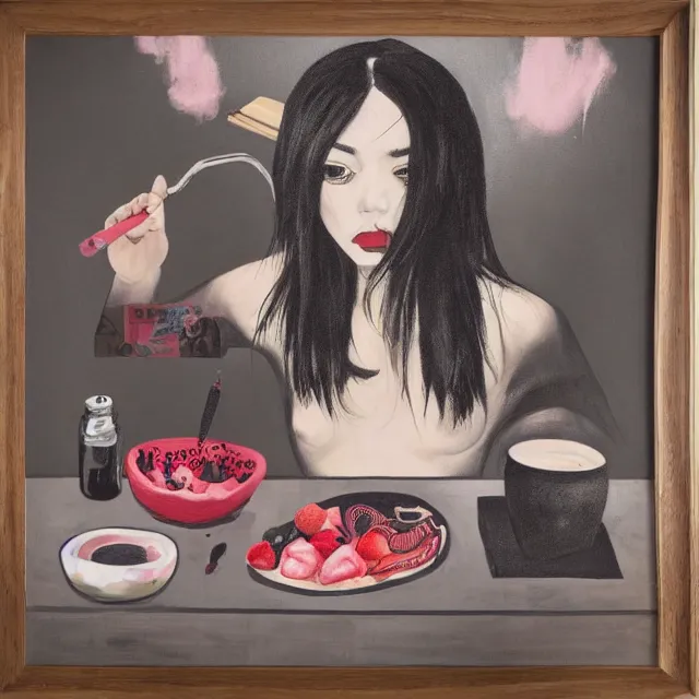 Prompt: a portrait in a female artist's bedroom, black walls, emo girl eating pancakes, berries, surgical supplies, handmade pottery, flowers, sensual, octopus, neo - expressionism, surrealism, acrylic and spray paint and oilstick on canvas