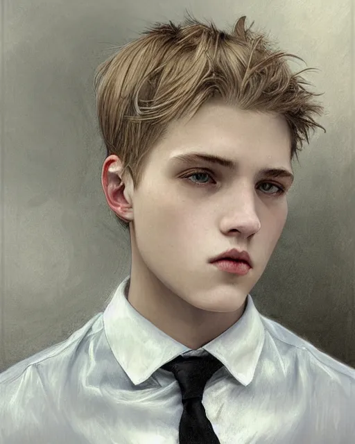 Prompt: portrait of 1 5 - year - old boy, a tall, slender boy with a pale, pointed face, sleek blond hair, and ice grey eyes, wearing black clothes, hyper realistic face, beautiful eyes, close up, fantasy art, in the style of greg rutkowski, intricate, alphonse mucha, hyper detailed, smooth