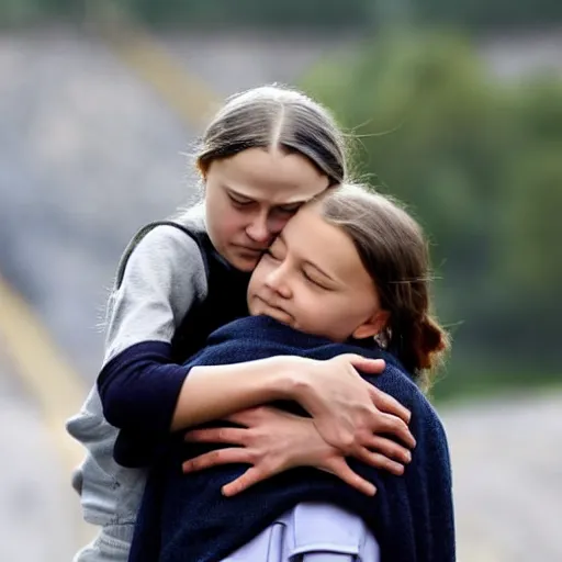 Prompt: greta thunberg hugging coal, in front of a coal fired power station