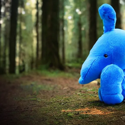 Image similar to blue'snappy gifts'plush, mascot, in magical forest, gifts, dark atmosphere, high detail, soft lighting, 8 k