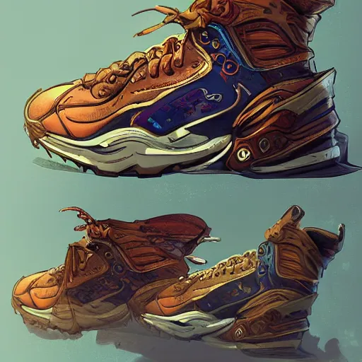 Prompt: sneaker concept art, steampunk, sharp focus, illustration, bright colors, concept art by tooth wu