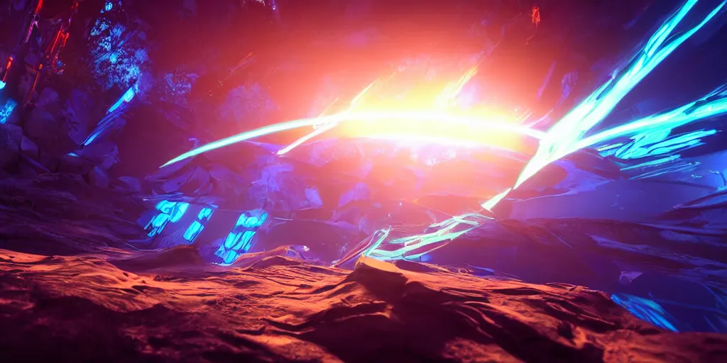 Prompt: screenshot of the videogame tempest, vector, axure sky, neon glow, lens flare, 8 k, unreal engine