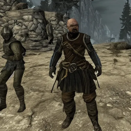 Image similar to walter white in helgen detained by imperial soldiers, tamriel, elder scrolls, skyrim, alduin, npc, rags, highly detailed