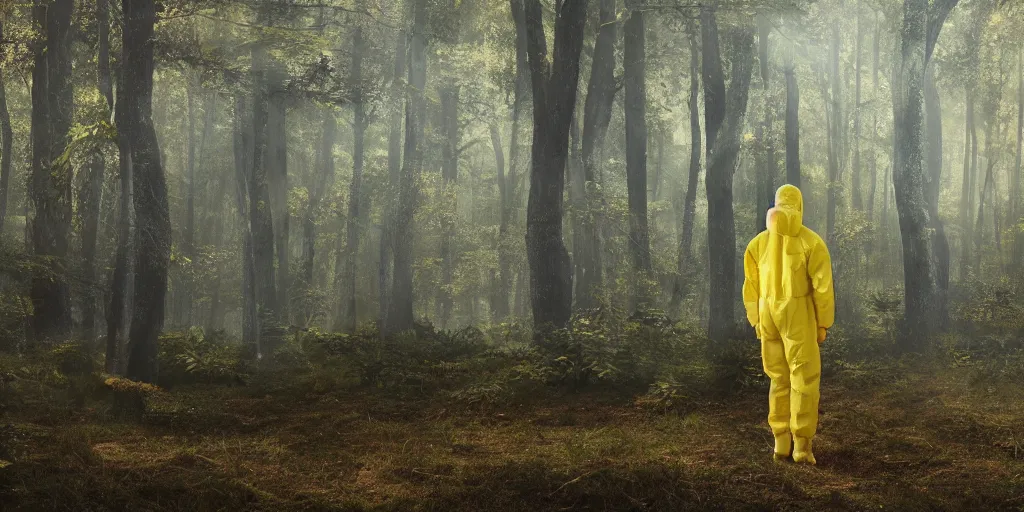 Image similar to a mysterious man in a yellow hazmat suit stands in a detailed fantastic forest, painting, concept - art, rendering, octane, redshift, cinematic composition, volumetric lighting