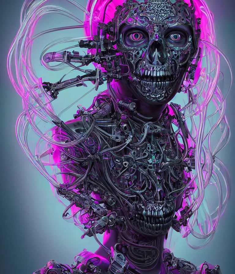 Image similar to fully symmetrical centered iridescent portrait of a beautiful princess of death in robe. skulls artificial muscles, ribcage, bones, hard surface modelling. cyberpunk look. biomechanical mask. bio luminescent biomechanical halo around head. neon jellyfish. artwork by jarold Sng by artgerm, by Eddie Mendoza, by Peter mohrbacher by tooth wu, unreal engine, octane render, cinematic light, high details, iridescent colors, dichroic, macro, depth of field, blur