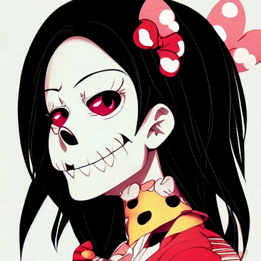 Image similar to anime manga skull profile young woman skeleton, minnie mouse, marge simpson, unreal engine, intricate, elegant, highly detailed, digital art, art by JC Leyendecker and sachin teng