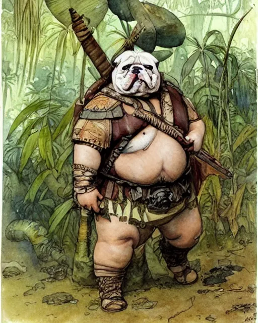 Image similar to a realistic and atmospheric watercolour fantasy character concept art portrait of a fat adorable chibi bulldog roman soldier with body armor in the jungle, by rebecca guay, michael kaluta, charles vess and jean moebius giraud